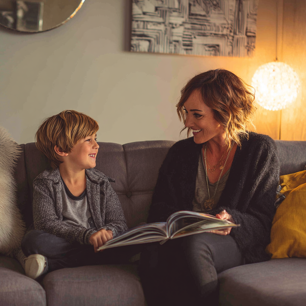 Mother and son sharing stories on the couch